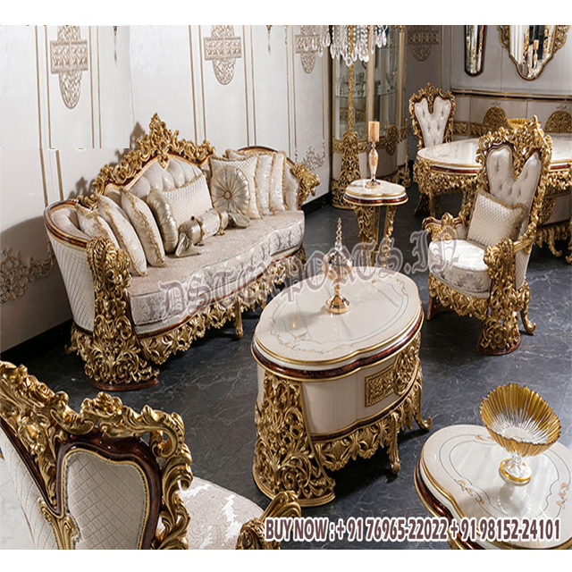 Turkish Design Heavy Carved Teak Wood Sofa Set New Arrival Simple Modern 6 Seater with Detachable Golden Touch for Living Room