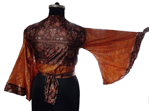 เสื้อครอปผ้าไหมส่าหรีรีไซเคิลเสื้อแขนกระดิ่งผูกเชือกเสื้อแบบผูกคอ - Product Image 2