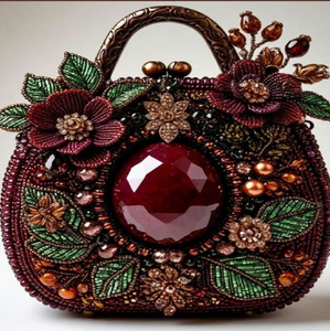 Intricate beaded <b>bag</b> with <b>large</b> 3D flowers and a central ruby gemstone. Fine available at wholesale prices - Product Image 1