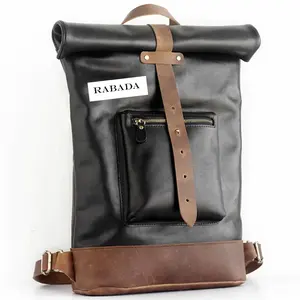 Classical Black Genuine Leather Backpack Men Handmade Designer Leather Backpack Outdoor Activities Leisure Backpack Custom
