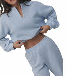 Ensemble sweat-shirt et pantalon de jogging pour femme, col en V, polaire doux, coupe décontractée, taille élastique, ensemble de détente pour la fabrication en gros OEM ODM - Product Image 2