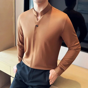 เสื้อยืดแขนยาวคอปกแบบจีนสำหรับผู้ชาย, เสื้อยืดรัดรูปสีน้ำตาลเข้ม - Product Image 6