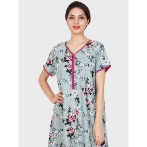 Evolove – Robe de nuit longue décontractée en rayonne imprimée pour femme, super confortable, taille élastique, du XS au 3XL, pour l'été, gris-vert - Product Image 1