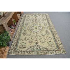 Tapis en laine turque beige et vert vintage 5 'X 8' tissage plat motif patchwork support en latex pour décorations de salon - Product Image 1