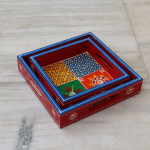 Juego de 2 bandejas de madera hechas a mano bohemias, bandeja decorativa cuadrada pintada a mano para decoración del hogar, regalos indios, boda Diwali - Product Image 3