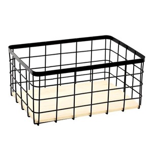 Cesta de almacenamiento de alambre de hierro con Base de madera, forma Rectangular, barata, negra/dorada, alta calidad