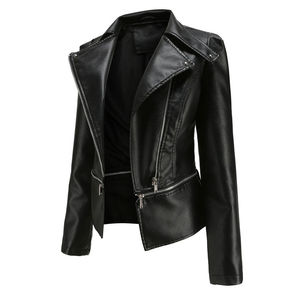 Elegant Women's Durable Genuine <b>Leather</b> Motorcycle <b>Jacket</b> Stand Collar Front Logo Breathable Windproof High Quality Knitted - Product Image 2