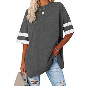 T-shirt à col rond surdimensionné à manches courtes pour femmes gris foncé coupe ample respirant toile broderie décoration Style d'impression décontracté - Product Image 3