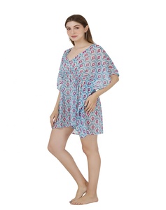 Último traje de baño transparente ropa de playa 100% Poly gasa traje de baño playa cubrir cuello en V estampado abstracto caftán vestido para mujer - Product Image 3