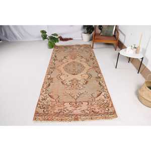 Vintage Turkish Rug 3.5x8.6 ft, <b>Brown</b> Area Ombr <b>Wool</b> Rug - Product Image 1