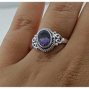 Handmade Dainty Amethyst Oval Sterling Silver <b>Ring</b> with Inlay Boho <b>Statement</b> Gift for Her on Birthday Anniversary Christmas - Product Image 2