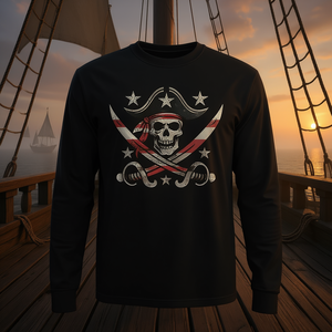 T-shirt à manches longues avec motif drapeau pirate Jolly Roger, design crâne et épées, col rond unisexe, promotionnel pour adultes - Product Image 3
