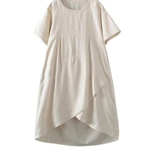 Meilleure qualité coupe ample décontracté robe mi-longue femmes coton lin à manches courtes ourlet asymétrique confortable tenue d'été vêtements de mode - Product Image 1