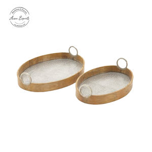 ถาดไม้เสิร์ฟทำด้วยมือพร้อมที่จับโลหะจานใส่อาหารและเครื่องดื่มแบบชนบทสำหรับใช้ในบ้านและห้องครัว - Product Image 1