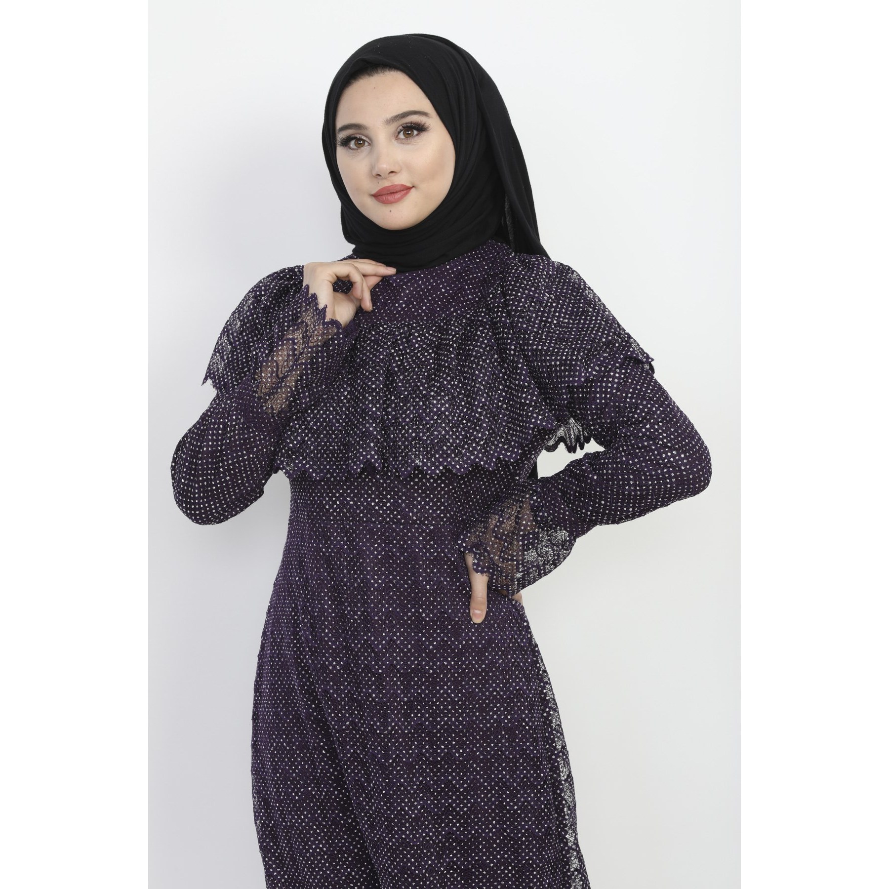 Mega Merchant Dantel Casual Style Glitter Trimmed Patchwork 100% Polyester  Abaya Dress