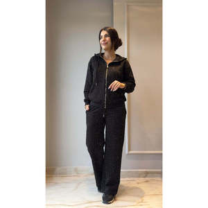 Women'<b>s</b> Long-Sleeve Hooded Zip-Up <b>Blouse</b> <b>and</b> Sweatpants Set, Embellished Front Zipper, Viscose Two-Thread Fabric, 30870 - Black - Product Image 1