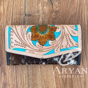 Cartera de mano tallada, funda de teléfono de embrague, elegante, multiusos, de cuero occidental, Color turquesa, Cartera de flores para mujer - Product Image 1