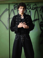Veste en jean pour homme DiZNEW personnalisée, vintage, noire, avec boutons argentés, col montant, OEM ODM, étiquette privée