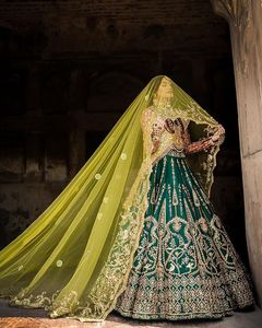 BEAUTIFUL-BOTTLE GREEN BRIDAL <b>BLOUSE</b>,LEHENGA & DUPATTA DRESS WITH EMBELLISHED CRYSTAL GLASS BEADS,DABKA WORK for WEDDING=2024 - Product Image 1