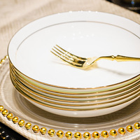 Service de vaisselle en porcelaine en gros pour banquets, avec logo personnalisé, vaisselle en céramique à bordure dorée, assiettes et bols pour restaurant