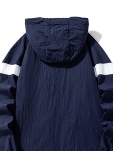 Custom Quality <b>Men</b> Hooded Windbreaker <b>Jacket</b> Navy Blue <b>White</b> Stripe Sporty Style Zipper Closure Loose Fit Autumn Outdoor Wear - Product Image 6