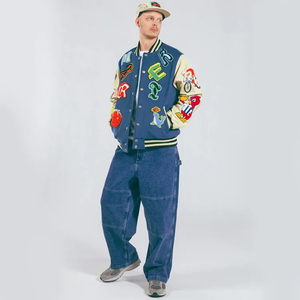 Blue OEM custom leather sleeve chain red embroidery <b>bomber</b> <b>baseball</b> vintage letterman varsity <b>jackets</b> - Product Image 5