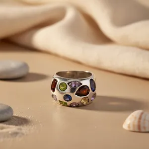 925 <b>Silver</b> Multi-Gemstone <b>Statement</b> <b>Ring</b> for Women Fine Jewelry with Geometric Pattern Cut Garnet Main Stone Platinum Material - Product Image 2