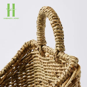 Hot Selling Factory's Customizable Boho Seagrass Oval <b>Basket</b> Handle Square Serving <b>Tray</b> for Food OEM Storage Boxes Bins - Product Image 4