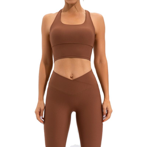 Ensemble de vêtements de sport pour femmes de haute qualité côtelé Singlet soutien-gorge haut taille haute extensible respirant Yoga Leggings Shorts motif solide - Product Image 4