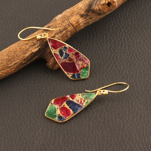 Moderniste Vintage plaqué or cuivre Turquoise tranche boucles d'oreilles à la main balancent lunette crochet forme géométrique pour les femmes cadeau - Product Image 1