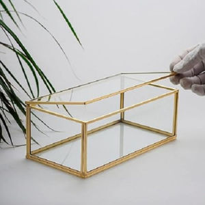 Ensemble de 3 boîtes de présentation de bijoux en verre géométrique moderne et en laiton doré, cadre en métal vintage, couvercle à charnières carré, boîte de rangement organisateur - Product Image 4