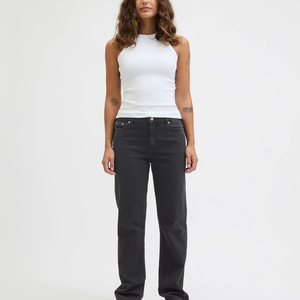 Femmes taille haute contraste couleur lavé Denim jean jambe droite dames tissé Streetwear décontracté coton Baggy couleur unie teint - Product Image 5