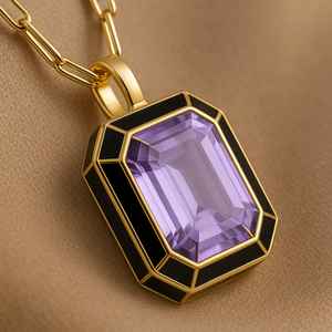 Colgante de amatista de corte radiante de Plata de Ley 925 Unisex, joyería fina con esmalte chapado en oro, regalo de cumpleaños perfecto - Product Image 3