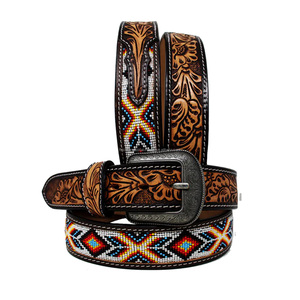 Nouvelle ceinture occidentale de qualité supérieure fabriquée en cuir de vache pleine fleur importé d'Argentine, décorée d'un motif aztèque perlé - Product Image 2