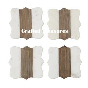 Ensemble de 4 sous-verres en marbre blanc naturel avec sous-verre en bois, ensemble de tapis de tasse rond en marbre pour la maison et la cuisine - Product Image 1