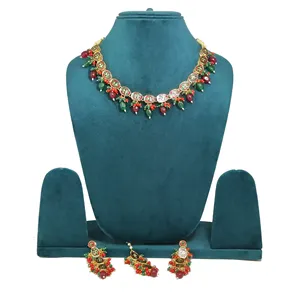 Conjunto de Collar Kundan con Perlas Rojas y Verdes, Joyería Nupcial Vintage de Lujo, Chapado en Oro, Joyería Fina - Product Image 5