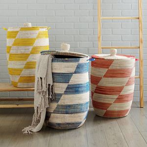 Juego grande de cesta Bolga de mimbre colorida, organizador de almacenamiento de algas marinas tejidas naturales, cesta con tapa extraíble, armario, dormitorio y baño - Product Image 1