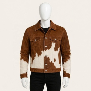 Veste en cuir véritable pour homme, motif vachette, col rabattu, fermeture boutonnée, coupe classique, automne, décontractée - Product Image 1