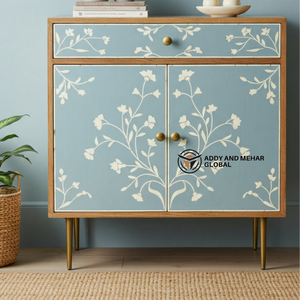 Meuble moderne écologique en incrustation d'os bleu avec des pieds en laiton, buffet artisanal pour le salon, le couloir, l'entrée, étagère - Product Image 5