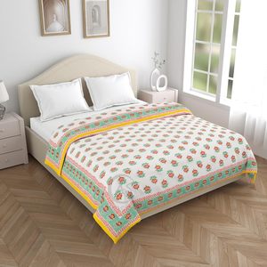Traditional Printed Floral Cotton <b>Quilt</b> Green/Yellow Border Lightweight <b>Single</b> Bed Cover 85x55 Inches-Eco-Friendly - Product Image 2