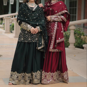 Nouveau Sequin Brodé Sharara Gharara Kurti Ensemble Pakistanais Designer Ethnique Porter 3 Pcs Cousu Georgette Tissu Ensemble - Product Image 1