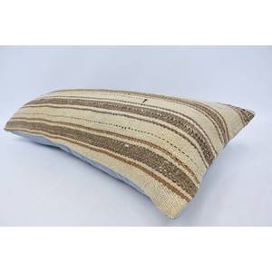 Oreiller en laine à rayures vintage beige 16x36 pouces Oreiller d'accent rectangulaire rustique Technique tissée - Product Image 5