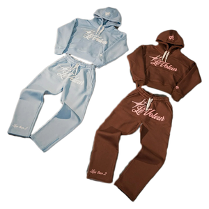 Pantalon de survêtement évasé unisexe à capuche ensemble personnalisé vêtements d'hiver de broderie vieilli survêtement écologique survêtements pour hommes - Product Image 1