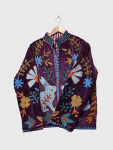 Veste en velours brodée de fleurs, col mandarin, manches longues, style Prairie Chic, automne, grande taille pour femmes - Product Image 1