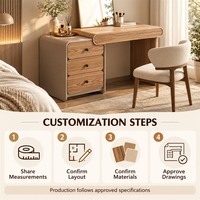 Coiffeuse personnalisée en bois clair veiné avec plateau incurvé, trois tiroirs et espace de rangement ouvert pour chambre à coucher