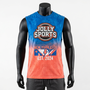 Camiseta sin mangas de algodón jersey premium azul, tela suave y transpirable, logotipo personalizado, camiseta 100% algodón para hombre, corte holgado, estampada. - Product Image 1