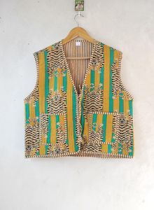 เสื้อกั๊กพิมพ์ลายเสือแนววินเทจสไตล์โบโฮสำหรับผู้หญิงเสื้อนอกลำลองเสื้อโค้ทสั้นลายทางผ้าทอซักแล้วของขวัญฤดูหนาว - Product Image 6