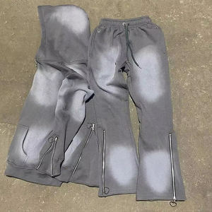 Custom Sweat Stack Pant Acid Wash Chándal lavado ácido Zip up Sudadera con capucha y pantalones de chándal acampanados Conjunto de chándal - Product Image 1