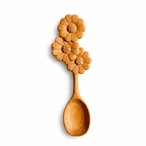 Cucharas de Madera con Flores Talladas a Mano, Varios Diseños Bonitos, Cucharas de Postre de Madera Doussie, Cuchara Artesanal Sostenible de Vietnam - Product Image 4
