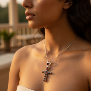 Rhodium-Plated Sterling Silver Geometric Garnet <b>Cross</b> <b>Pendant</b> Necklace for Women-Hypoallergenic Statement Piece Trendy Gift - Product Image 2